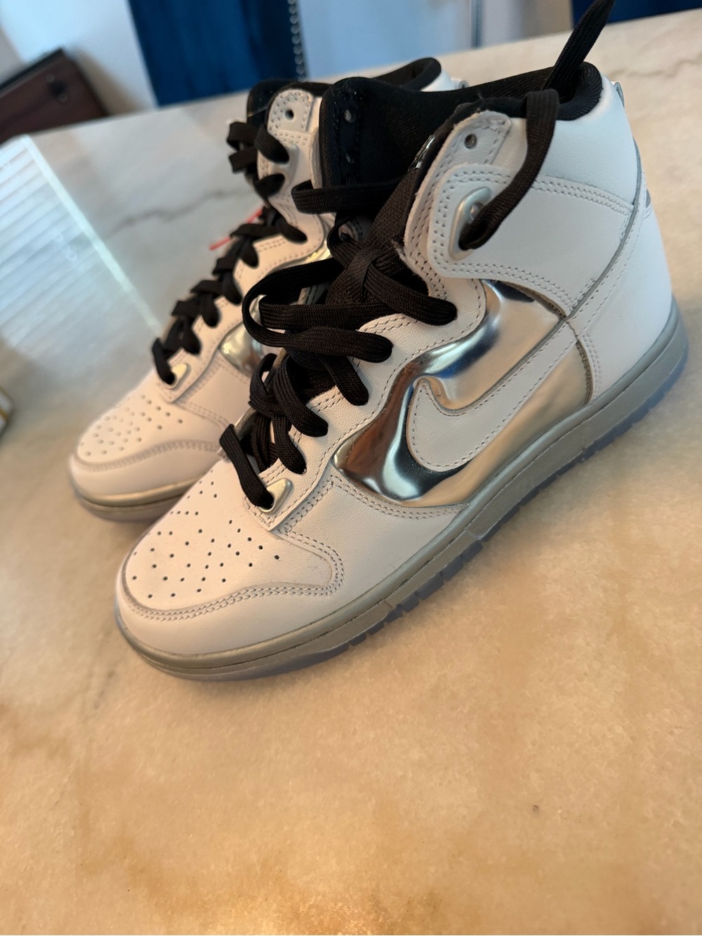 High-Top Sneakers in White with Metallic Silver Accent